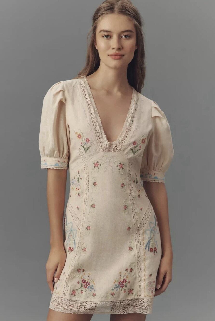 NEW Anthropologie Linen Blend Puff Sleeve V Neck Mini Dress Embroidered Size 8